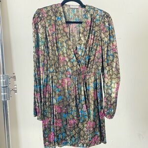 Sandro Paris metallic gold blue pink floral leaf party dress size 38 / small